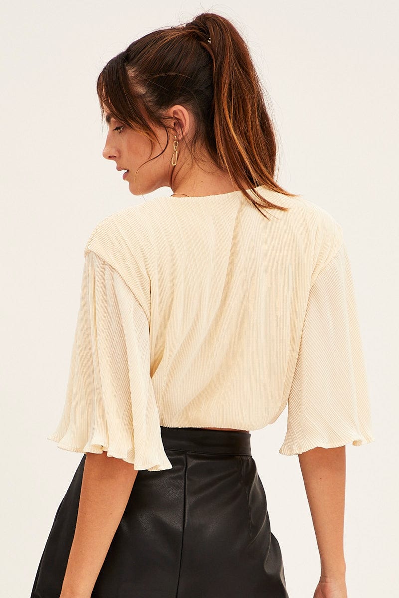 White Plisse Bolero Half Sleeve Tie Front Crop