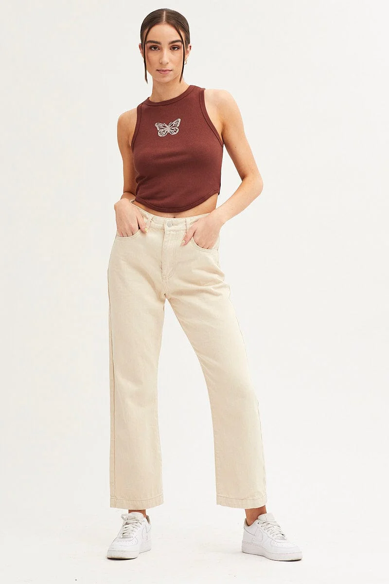 Brown Tank Crew Neck Curved Hem Rib