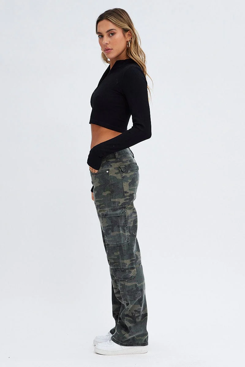 Green Print Camo Cargo Jeans Straight Out Pocket