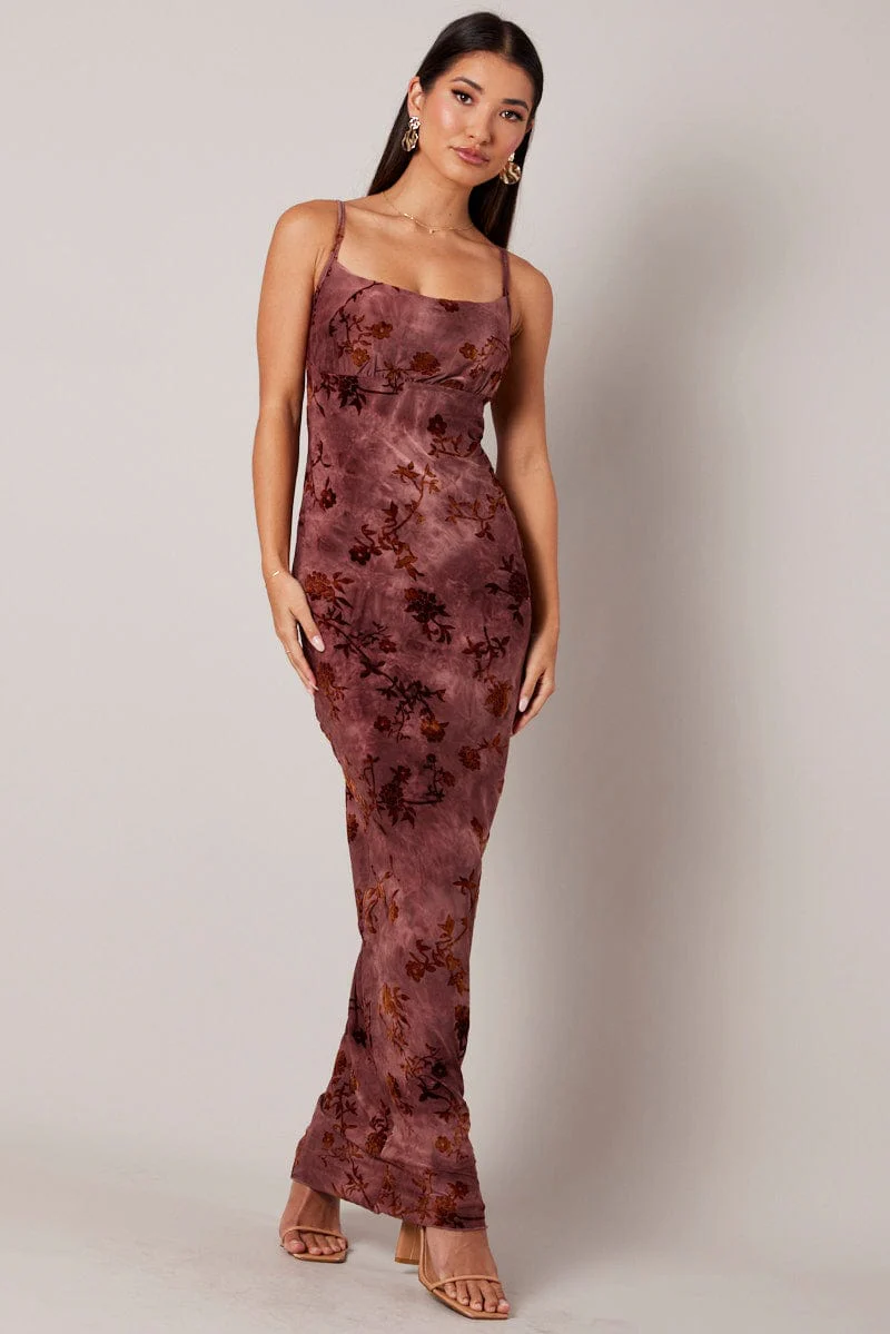 Brown Floral Slip Dress Cowl Neck Maxi Velvet Devore Dress