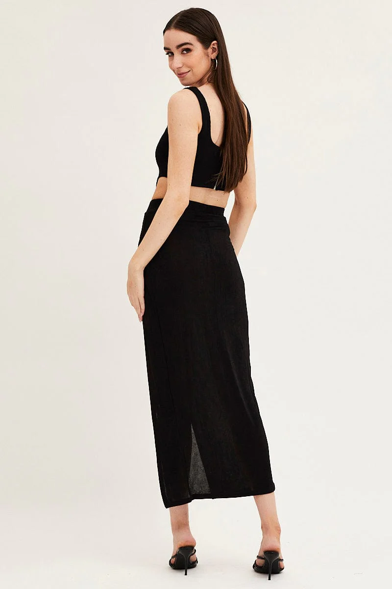 Black Jersey Elastic Waist Front Split Midi Skirt