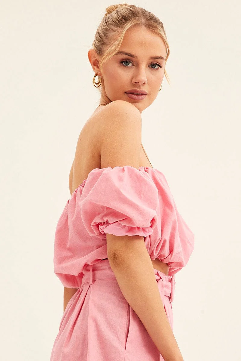 Pink Crop Top Off Shoulder Puff Sleeve