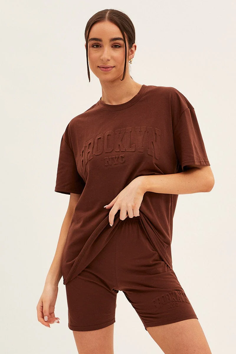 Brown Textured Tee And Biker Shorts Set