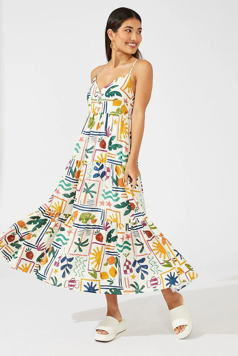 Multi Abstract Midi Dress Sleeveless V-Neck