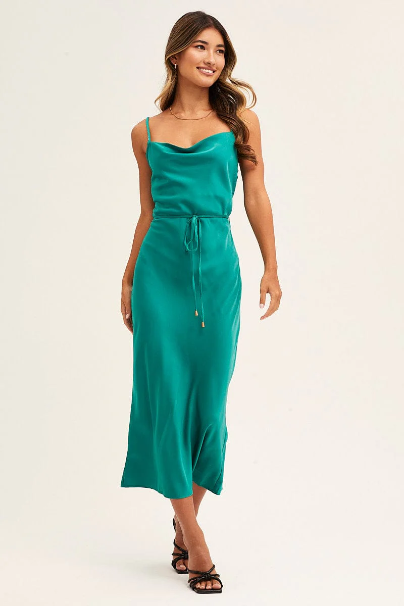 Green Midi Dress Cowl Neck Tie Slip Satin