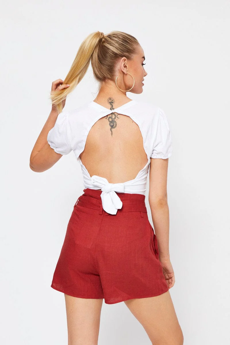 White Short Sleeve Jersey Floral Print Open Back Tie Top