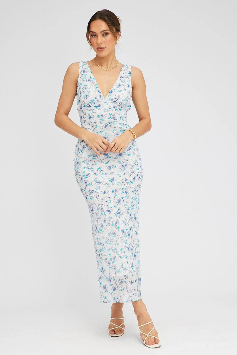 Blue Floral Midi Dress Bias Cutting