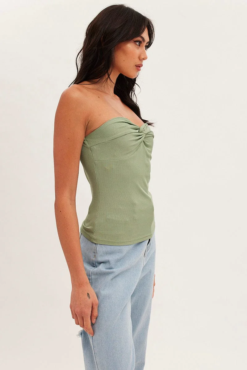 Green Twist Front Ribbed Sleeveless Top