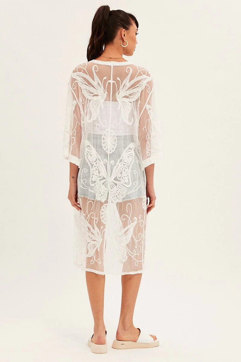 White Tie Front Embroidered Kimono