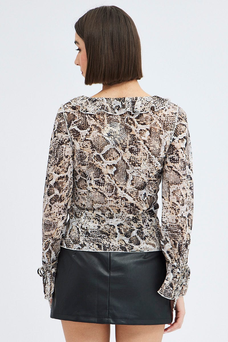 Brown Animal Print Bolero Long Sleeve Ruffle  Snake Print Chiffon