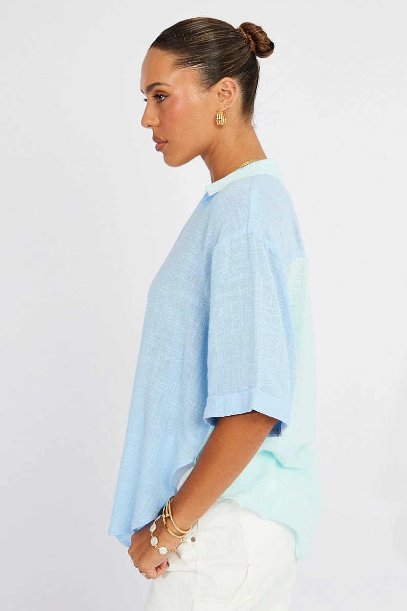 Blue Cotton Half Sleeve Relaxed Colour Block Shirt