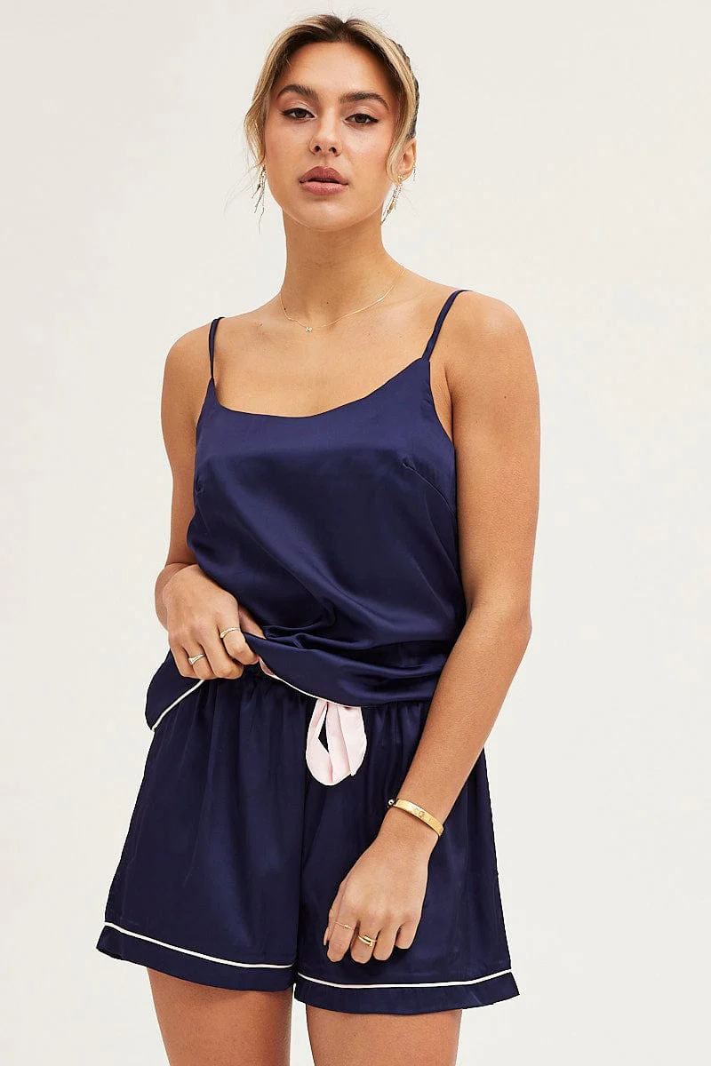 Blue Satin Cami Top & Shorts Pj Set