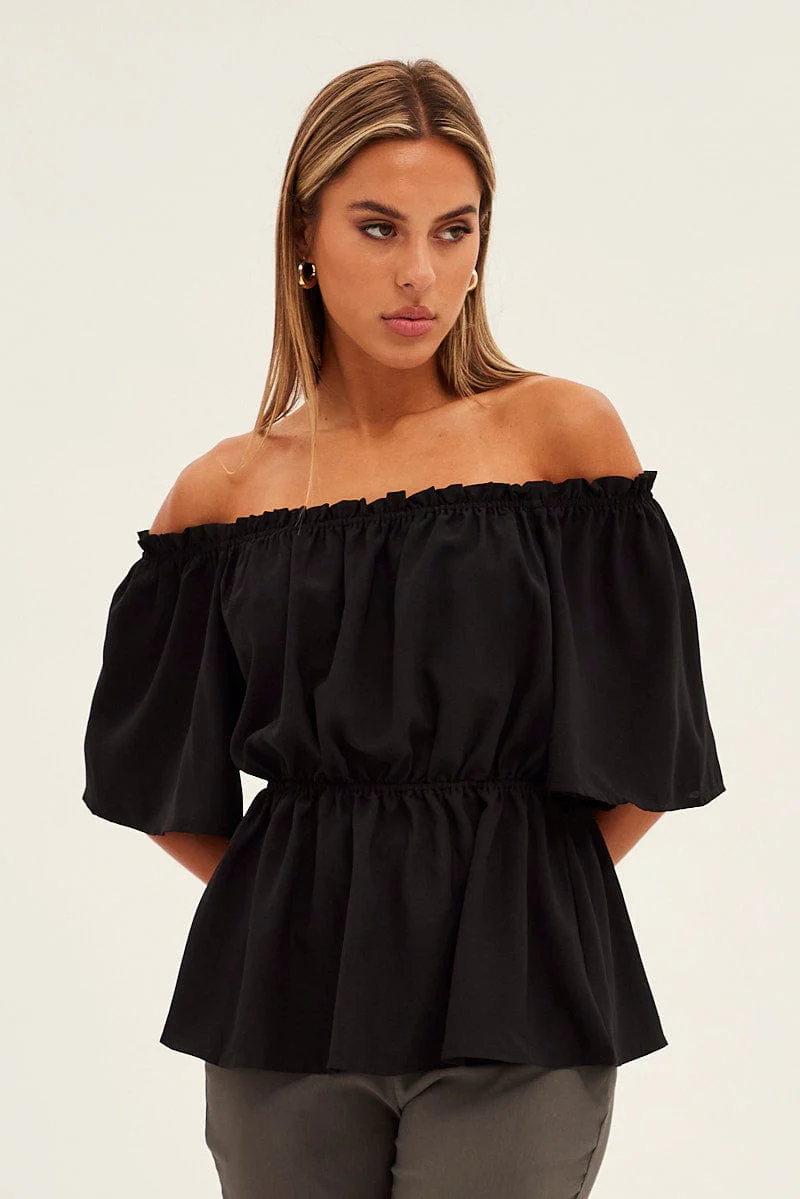 Black Top Short Sleeve Off Shoulder Longline Flutter