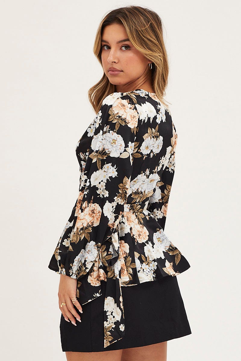 Print Wrap Top Long Sleeve Satin