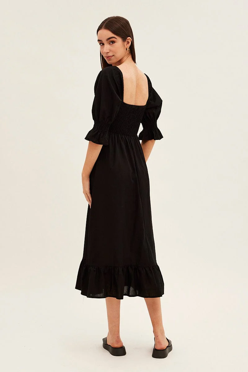 Black Puff Sleeve Shirred Tiered Midi Dress