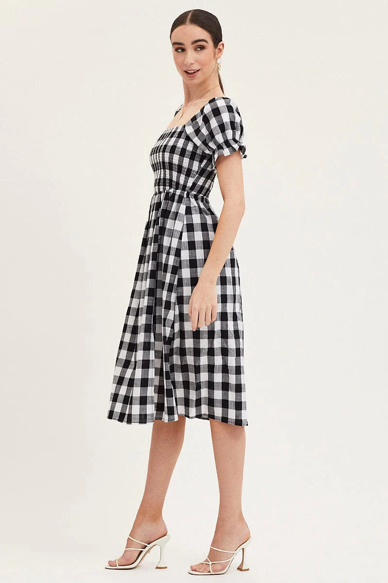 Check Shirred Dress Short Sleeve Midi