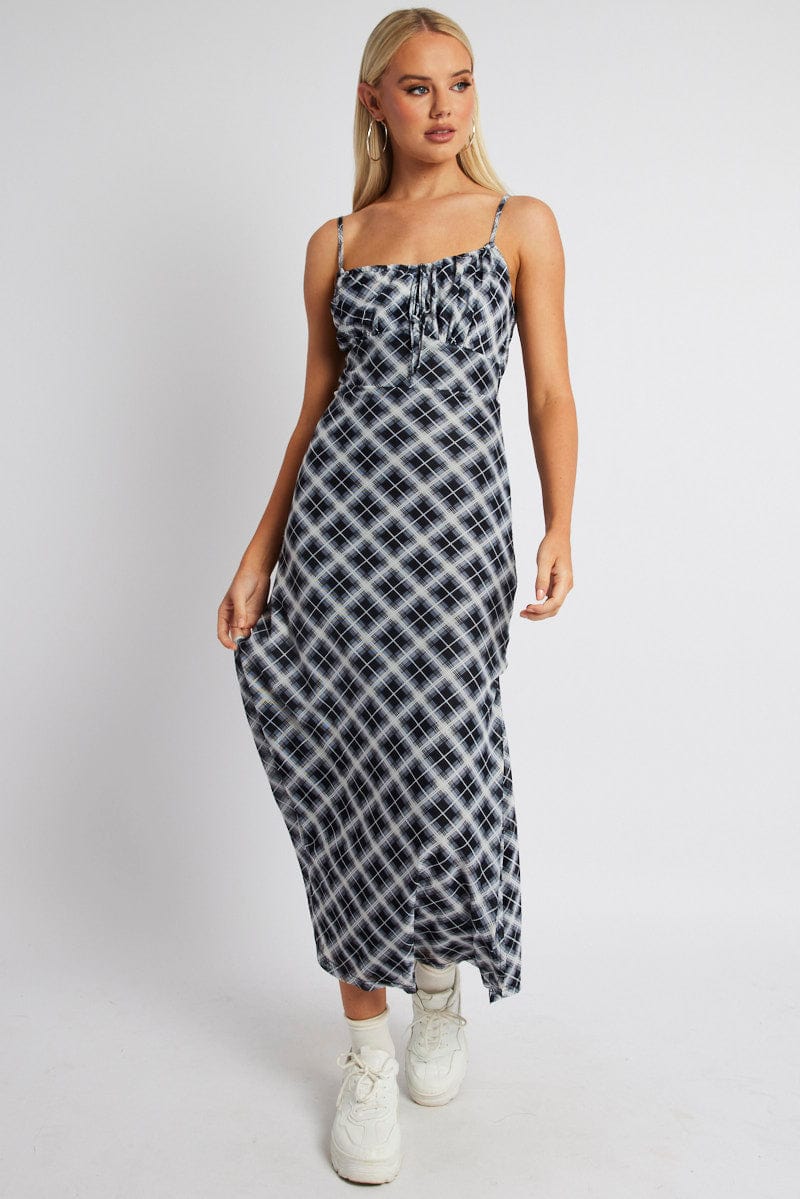 Black Check Midi Dress Gathered Bust Strappy Mesh
