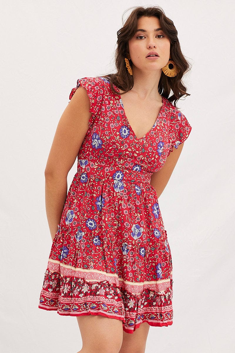 Boho Print V-Neck Mini Skater Dress