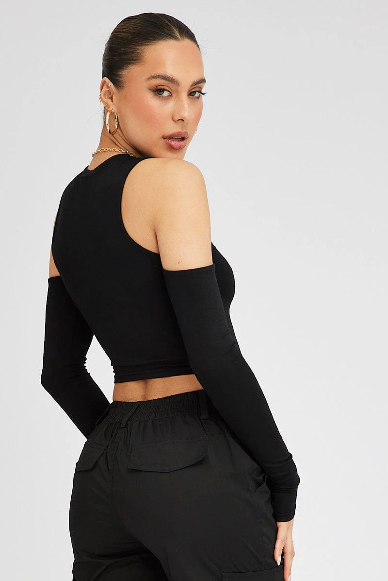 Black Top Long Sleeve Mock Neck Cold Shoulder Jersey