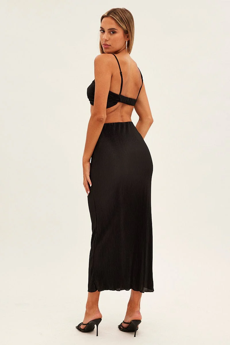 Black Plisse Skirt Maxi High Rise