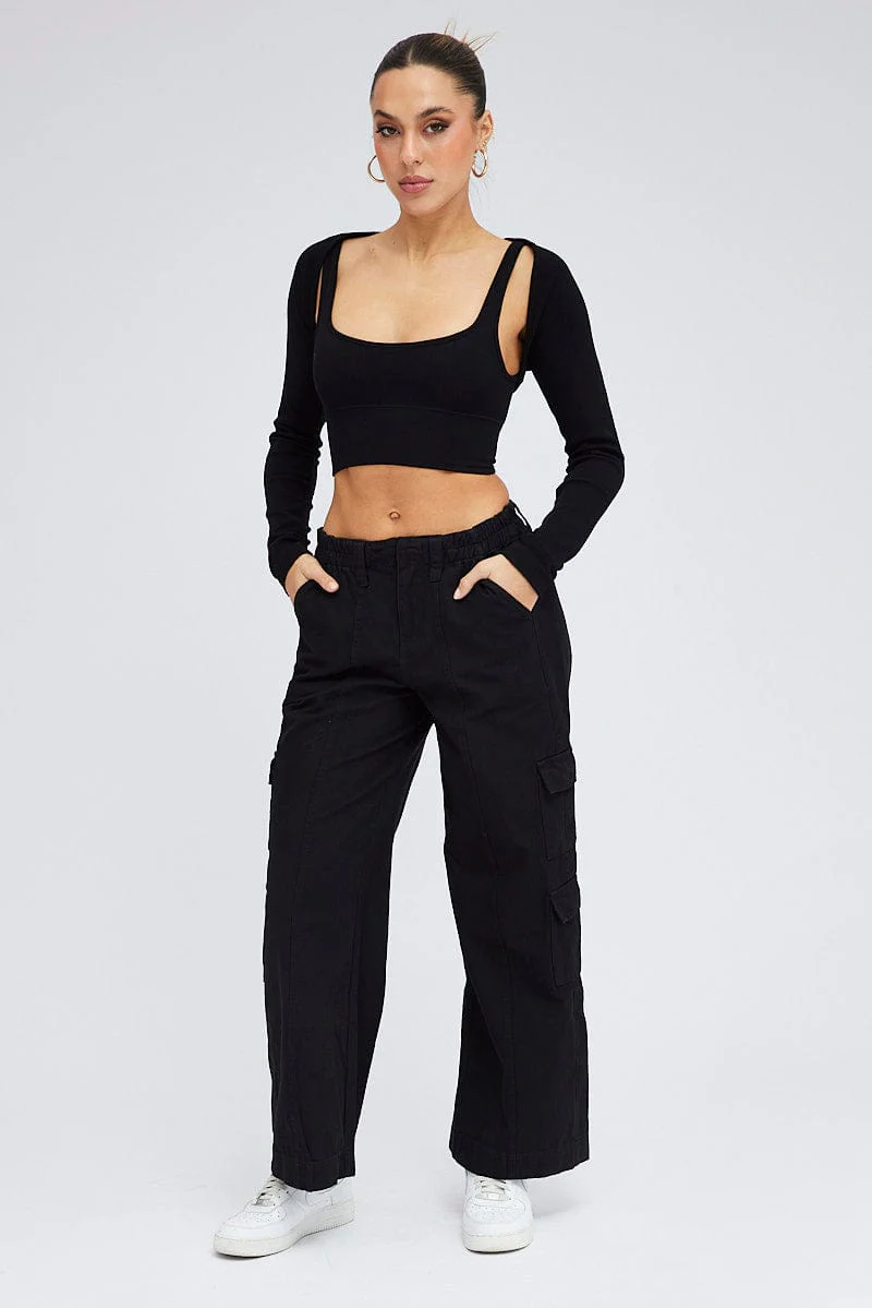 Black Cargo Pants Mid Rise