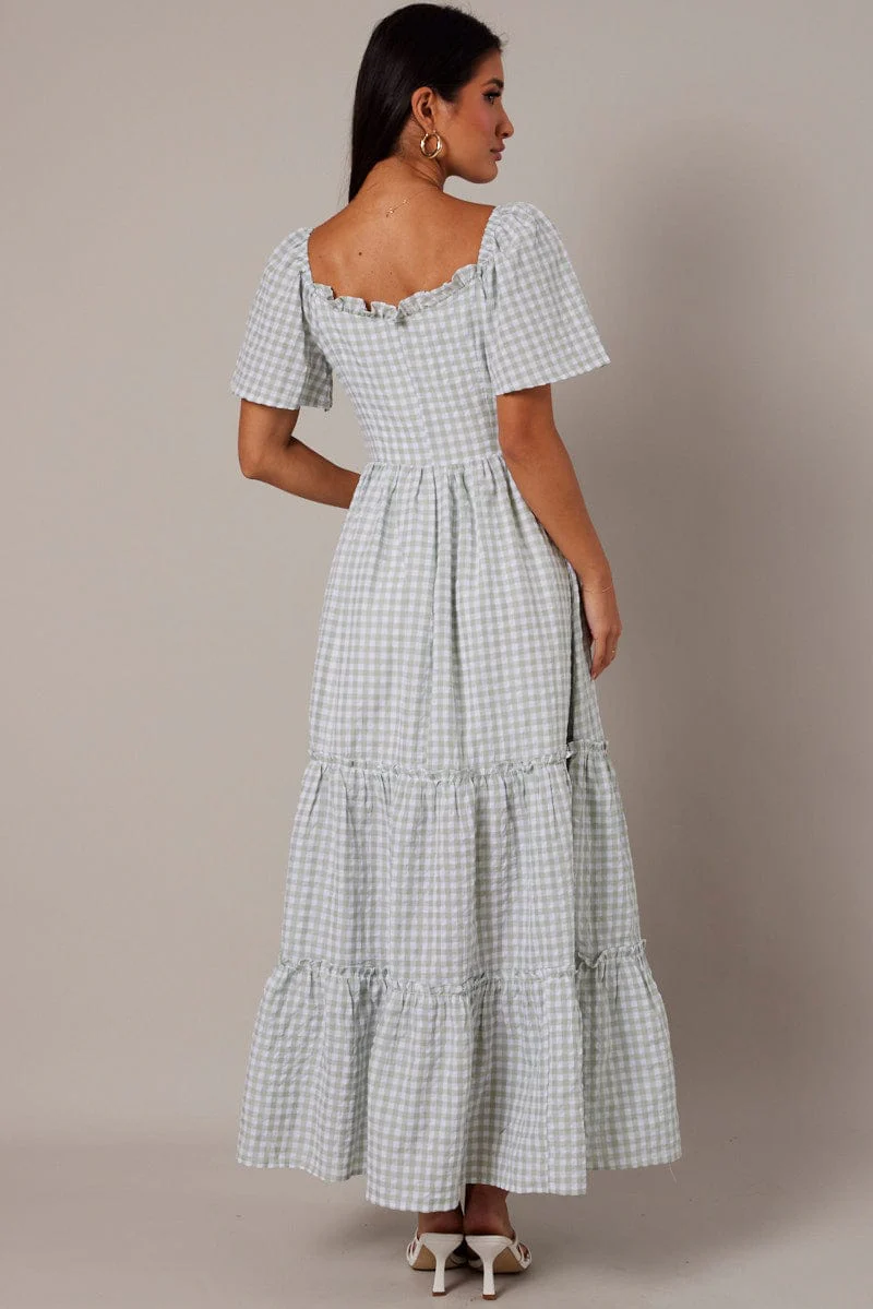 Green Check Maxi Dress Short Sleeve Shirred