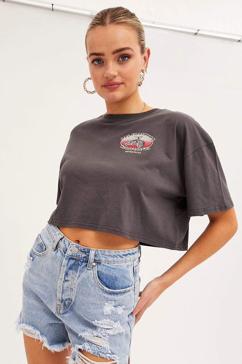 Grey Graphic Tee Short Sleeve Round Neck Cotton
