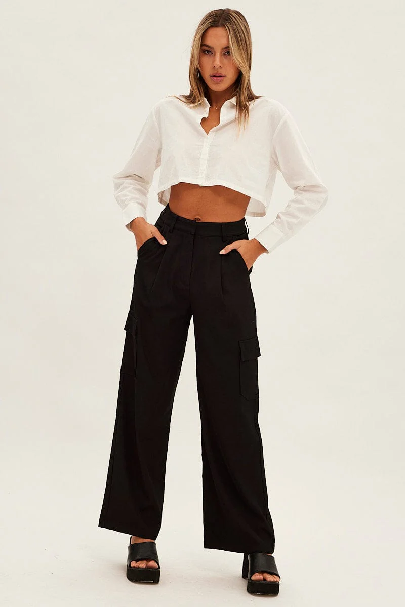 Black Wide Leg Pants High Rise Cargo Tailored