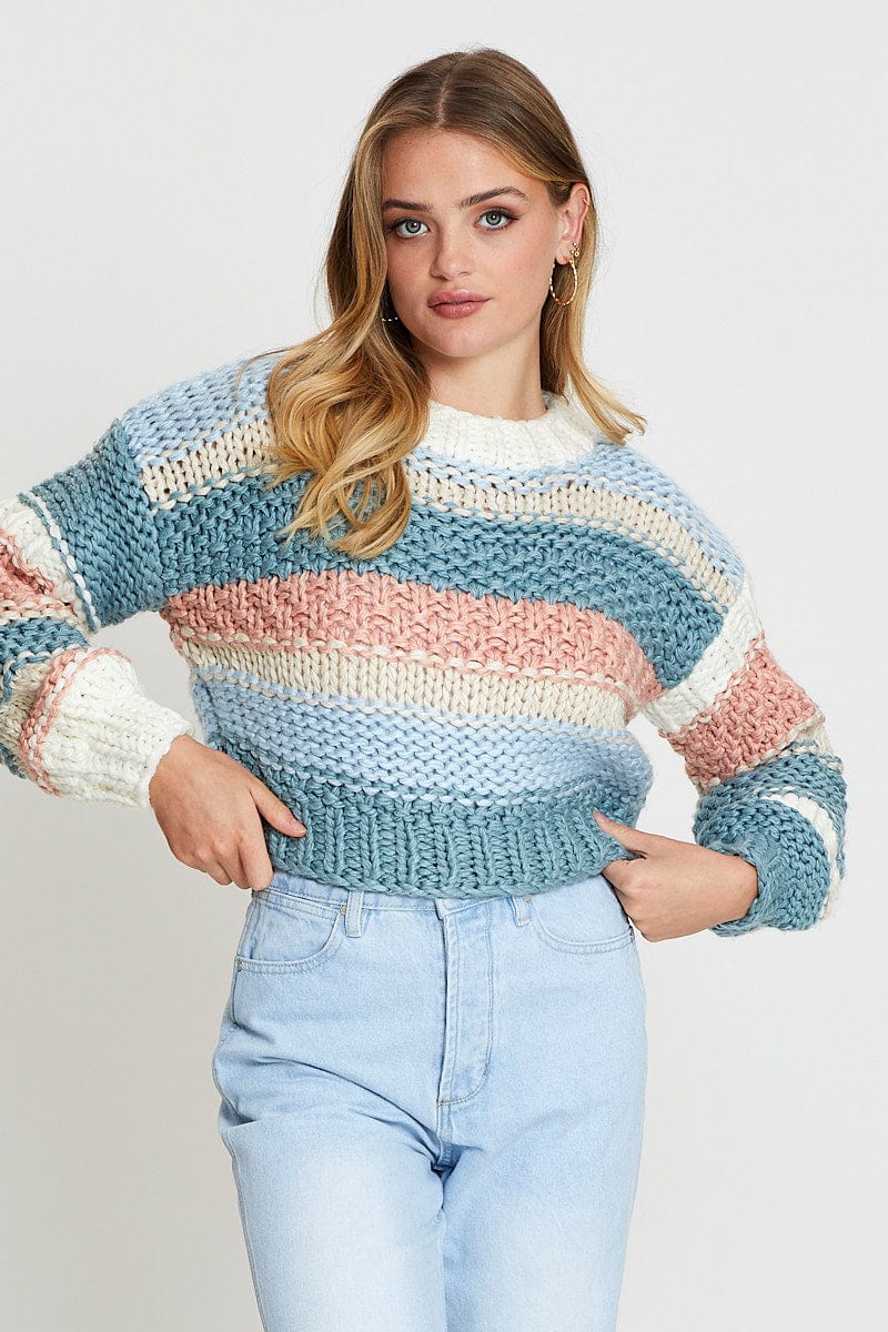 Stripe Knit Top Long Sleeve Round Neck