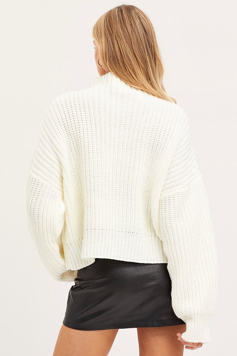 White Knit Top Long Sleeve Oversized Turtleneck Cable
