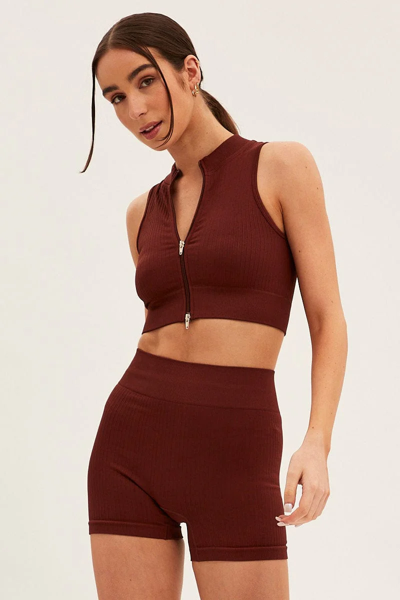 Brown Seamless Zip Top And Bike Shorts Activewear Set