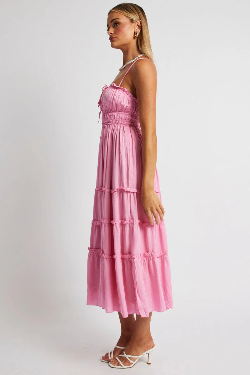 Pink Midi Dress Strappy Gathered Bust