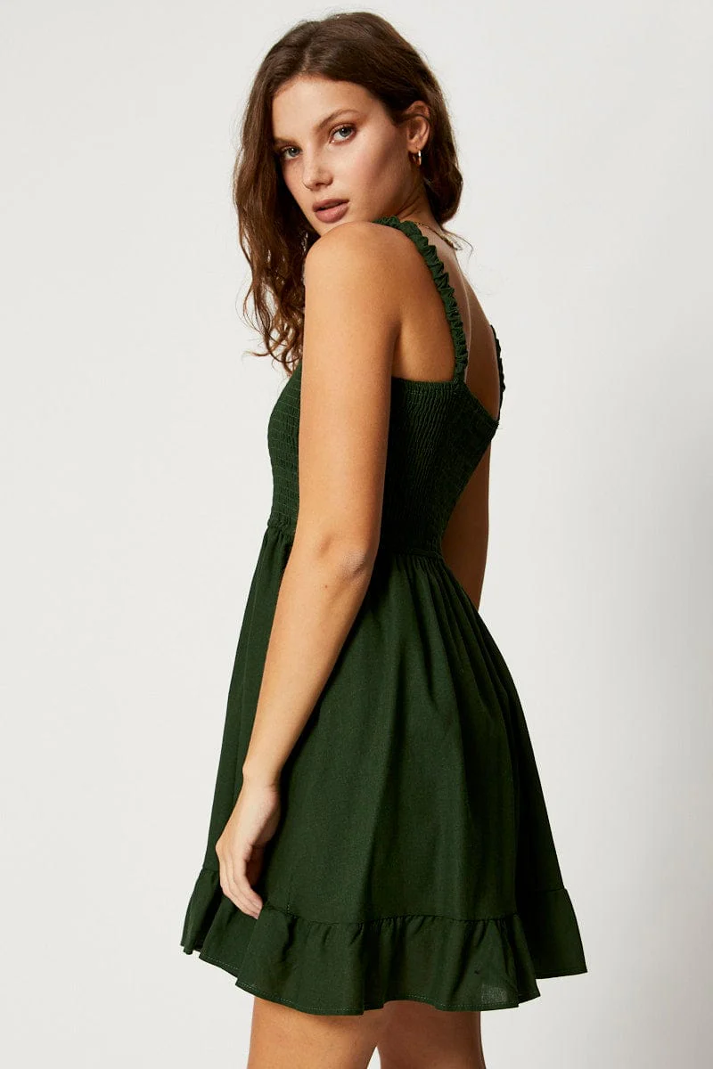 Green Shirred Skater Dress