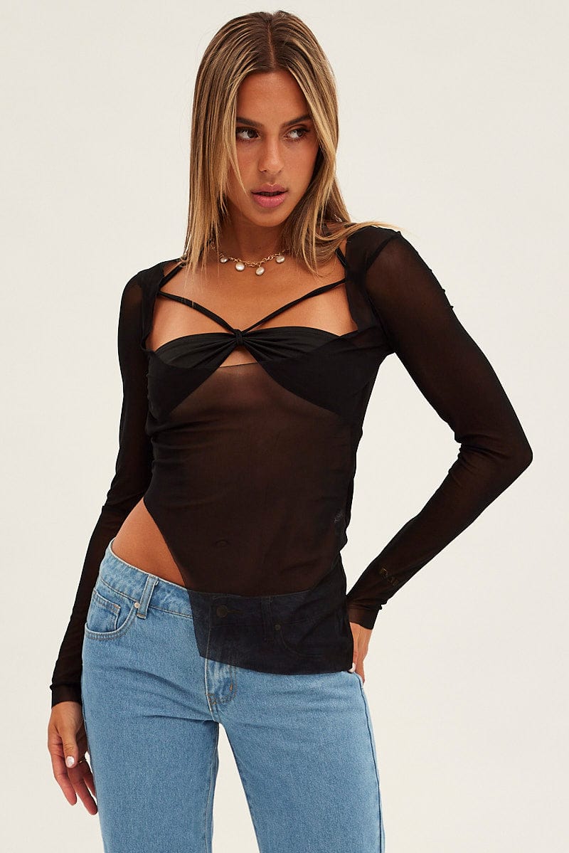 Black Mesh Top Long Sleeve