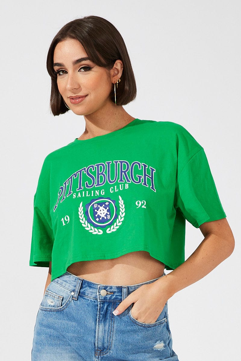 Green Print Graphic Tee Pittsburgh Crop Varsity T-shirt