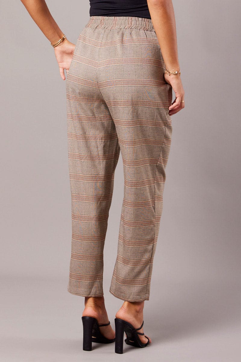 Beige Check Tapered Pants Elasticated Waist Cropped