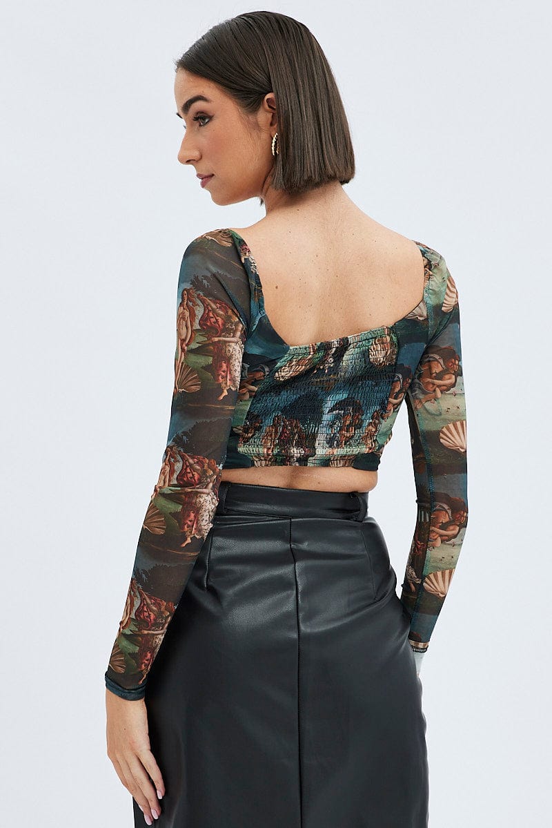 Multi Print Crop Top Long Sleeve Sweetheart Mesh Shirred