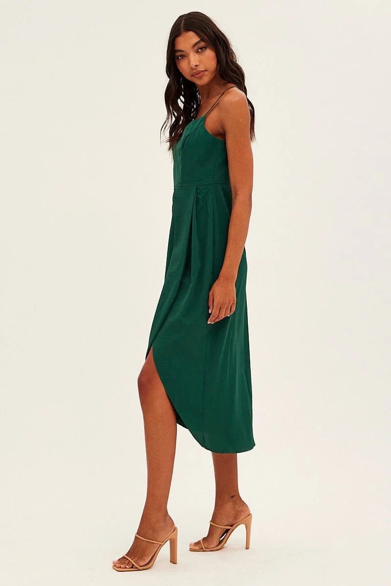Green Midi Dress Sleeveless V Neck Wrap