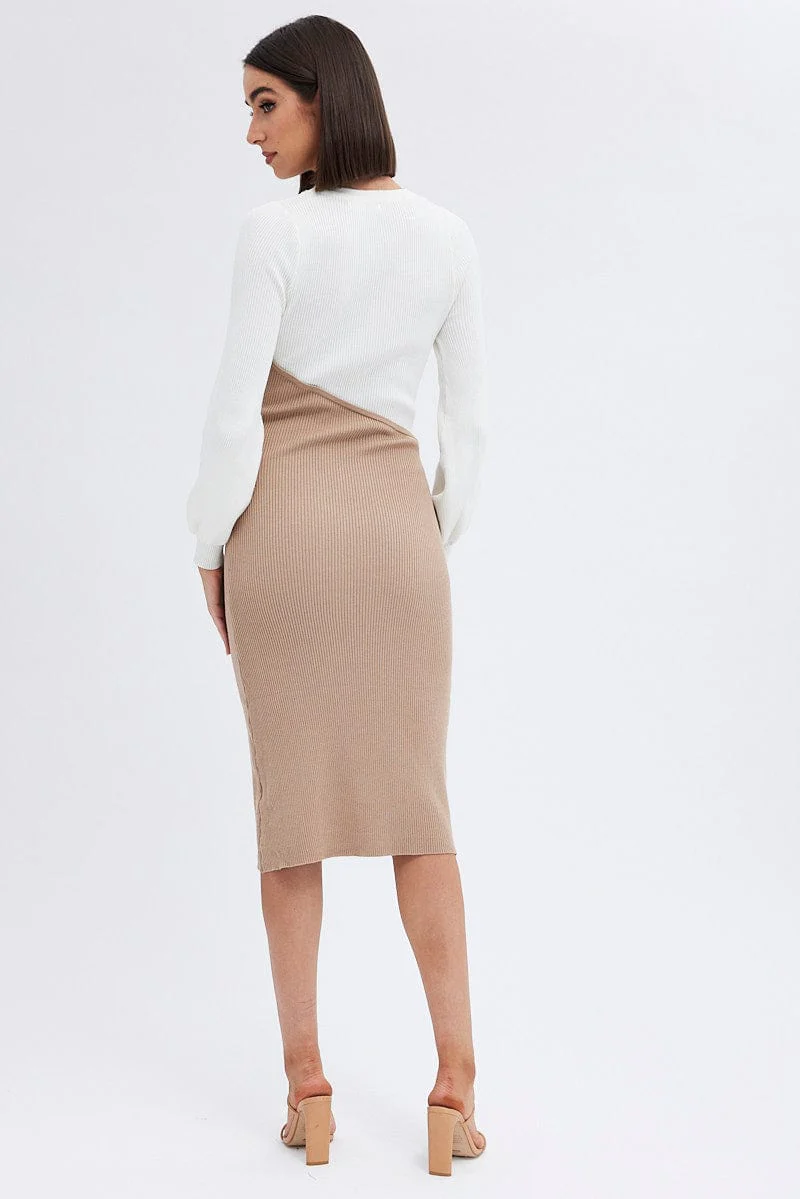 Beige Knit Dress Colour Block Midi