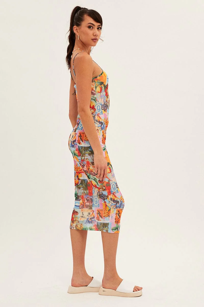 Orange Abstract Midi Dress Straps Bodycon Postcard Holiday Print