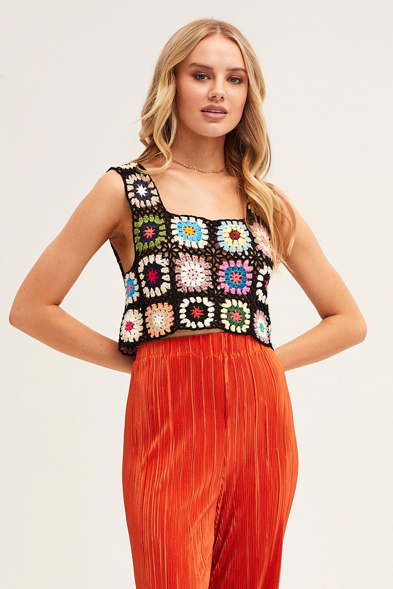 Multi Crochet Top Crop Square Neck