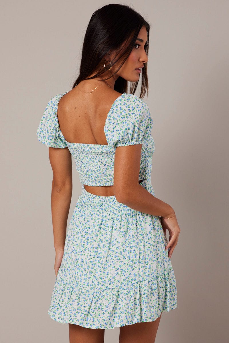 White Ditsy Fit and Flare Dress Short Sleeve Lace Up Front