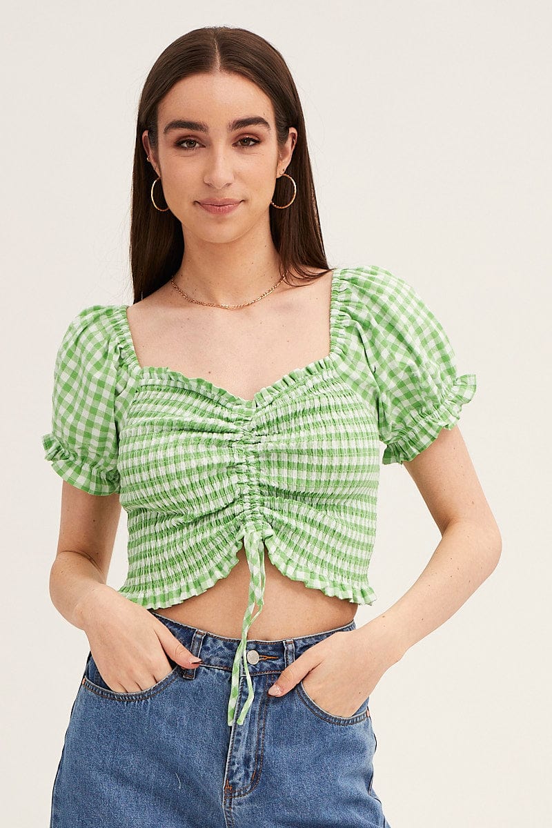 Check Crop Top Short Sleeve Ruched Front