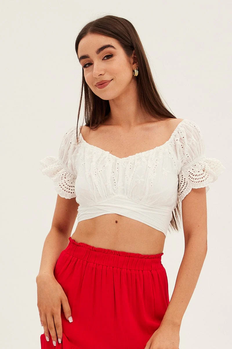 White Crop Top Short Sleeve Tie Back Eyelet