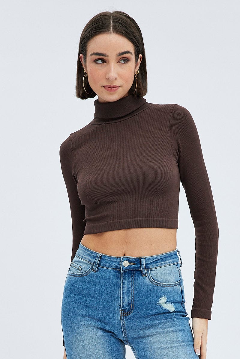 Brown Top Long sleeve Roll up neck Seamless
