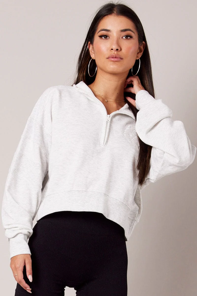 Grey Zip Up Sweater Crop Long Sleeve High Neck
