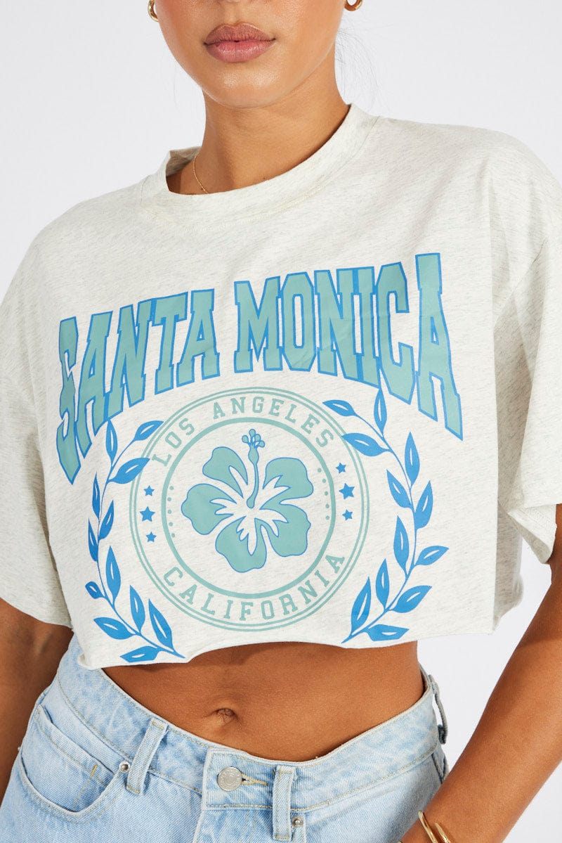 Grey Graphic Tee Flower Slogan Crop T-shirt