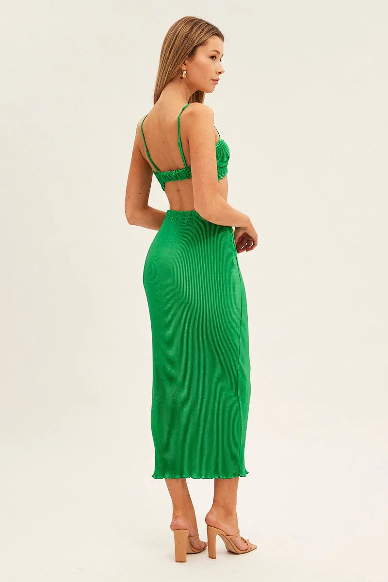 Green Plisse Skirt Maxi High Rise