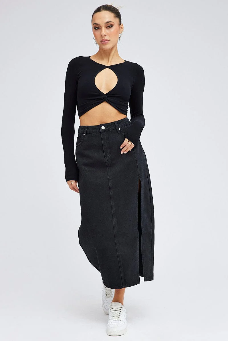 Black Maxi Skirt Mid Rise Denim Pencil Slit