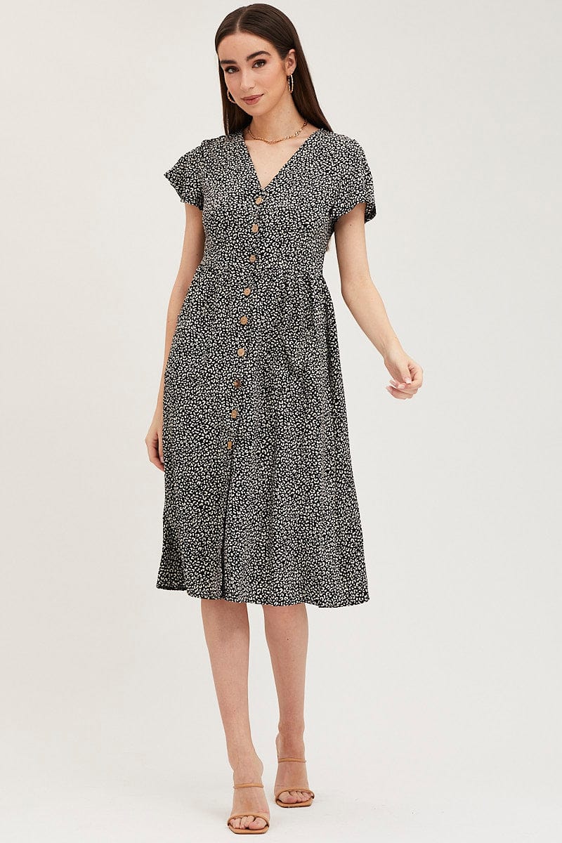 Geo Print Pocket Front Button Midi Dress